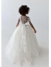 Three Quarter Sleeve Ivory Lace Tulle Sheer Back Floor Length Flower Girl Dress